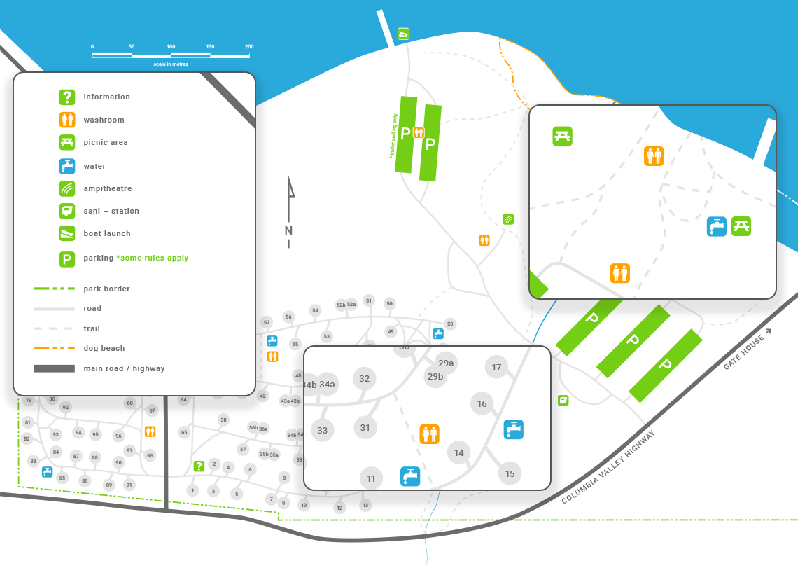 Updated campsite map with new colours, zoomed in on various details